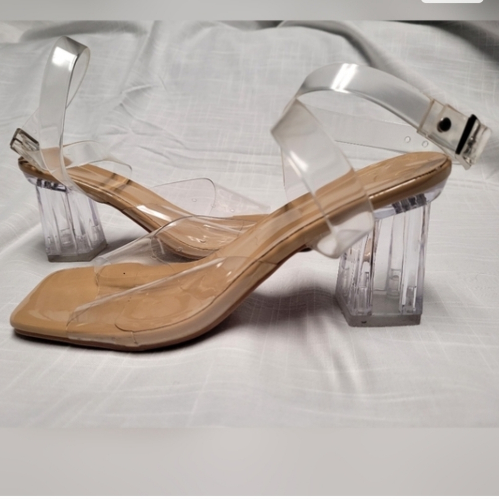 Fashiorishoes Clear Criss Cross Strap Nude Block Heel Square Toe Sandals 7.5